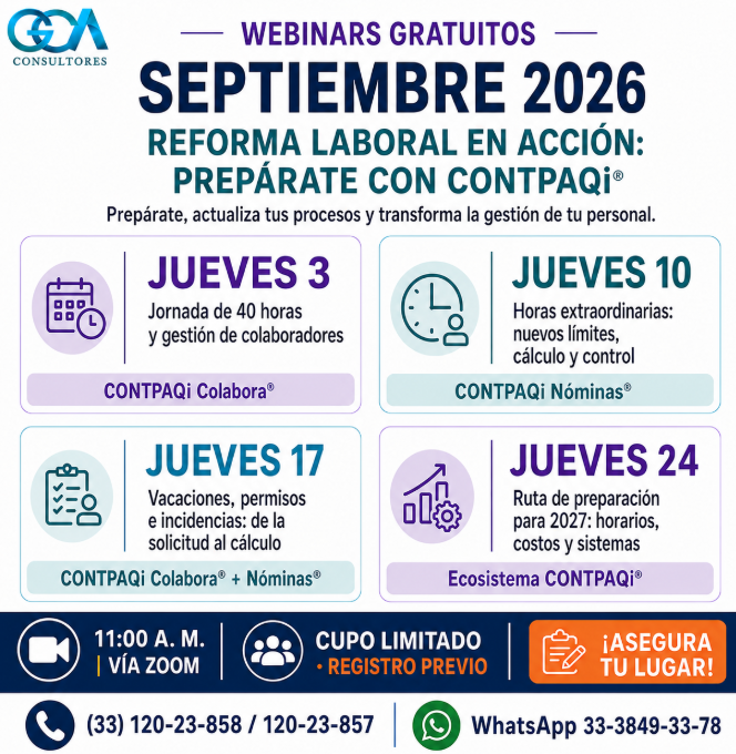 Ciclo de webinars gratuitos de septiembre 2026 sobre reforma laboral y soluciones CONTPAQi